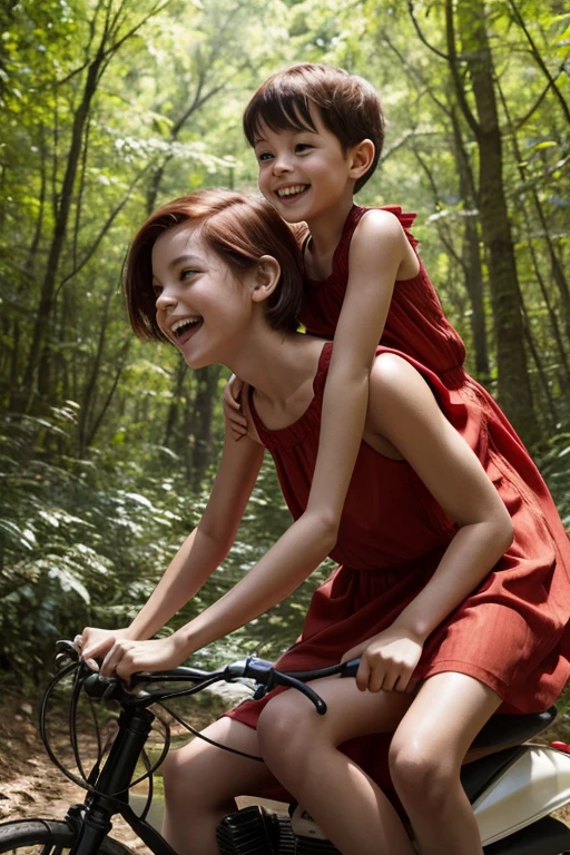 Very happy young skinny children with short red hair, dressed in light summer dresses, ride on their dad's shoulders in a forest in the middle of the afternoon
