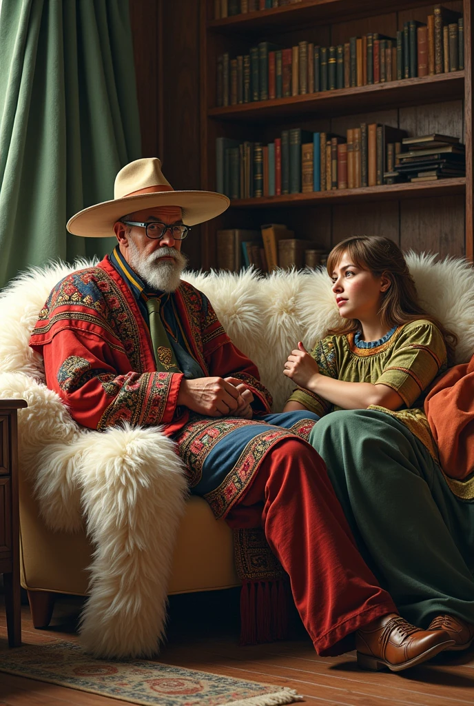 Funny image of a psychologist who looks like Freud wearing gaucho clothes and a patient who is lying on a couch covered by a sheepskin and drinking chimarrão
