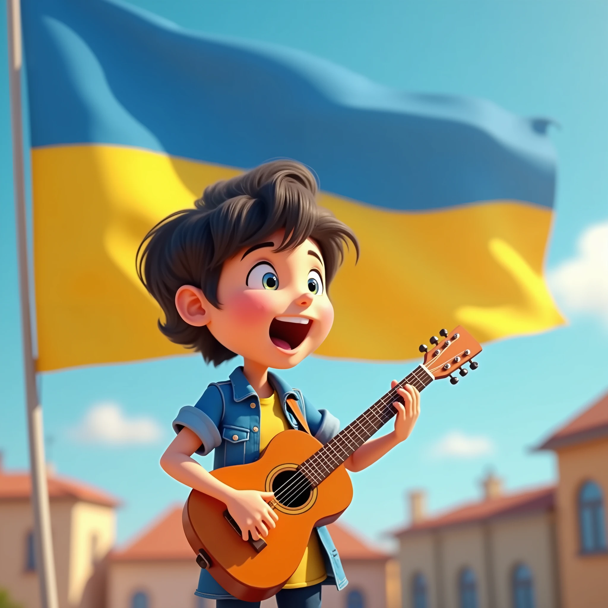 the animated character plays the guitar and sings. the Ukrainian flag flies in the background