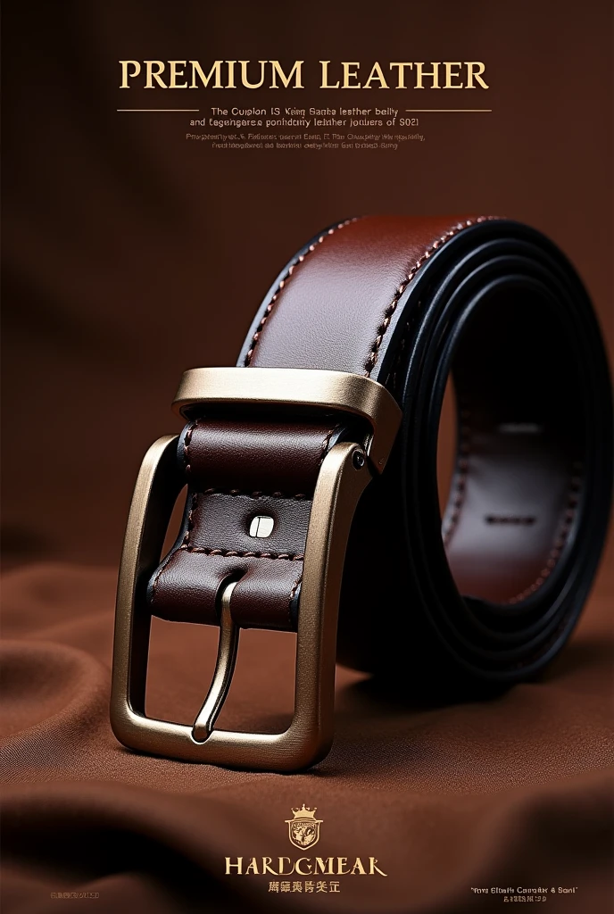 Design an elegant and sophisticated poster that highlights the premium craftsmanship of a leather belt. The poster should evoke a sense of timeless luxury, using a rich, textured background in deep brown or black to complement the belt's quality. Incorporate high-quality imagery, including a close-up shot of the belt’s fine details, such as the stitching and buckle. Use a classic, bold font for the headline, like 'Timeless Craftsmanship,' and accentuate with gold or silver tones for a touch of refinement. Include a subtle call-to-action, such as 'Elevate Your Style,' positioned near the brand logo to ensure brand visibility without overpowering the design. The overall layout should be clean and balanced, allowing the belt to be the focal point, with ample white space to create a sense of luxury and exclusivity."