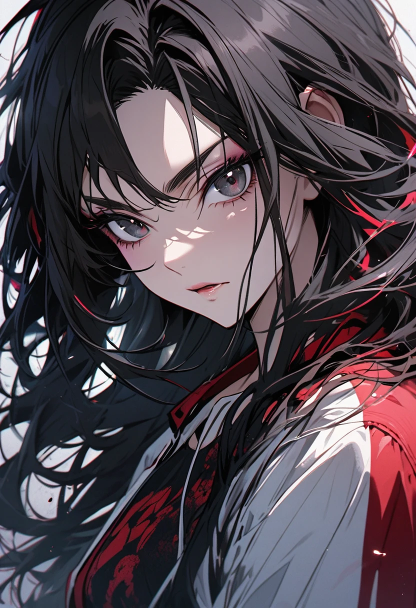 girl, adult, black eyes, black hair, long hair, beautiful eyes, beautiful color, high detail, cool face