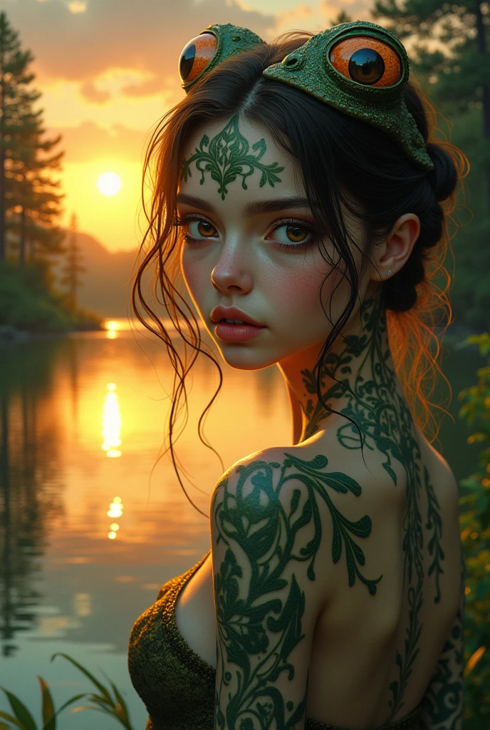 sensual gorgeous toad girl , colorful vivid, expresive beautiful eyes, with the sun setting in the background of a beautiful lake between trees. Roxy Paine Loish , Anne Bachelier portrait style,intricate, highly detailed
