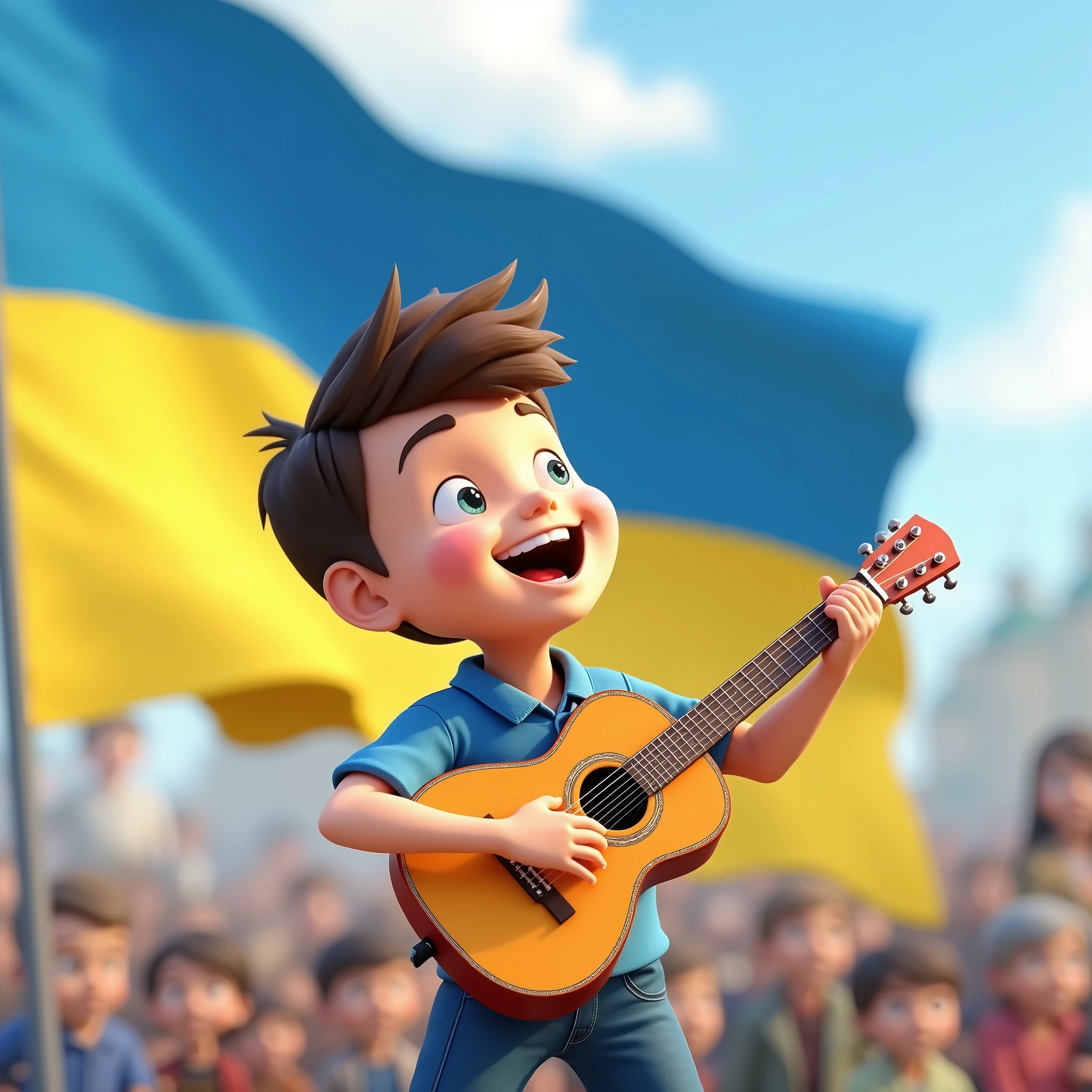 the animated character plays the guitar and sings. the Ukrainian flag flies in the background