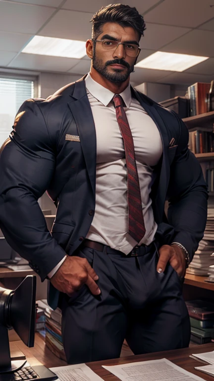 Indian weared business suit muscular man with handlebar mustache standing in the office,  masterpiece , huge bulge