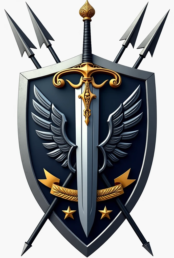 Insignia Design Description:
Shape and Base:

The insignia is shaped like a shield, symbolizing protection and defense, with a polished silver metallic base. The shield has a modern, angular design, giving it a sleek and authoritative appearance.
Central Emblem:

At the center of the shield is a double-edged sword pointing upward, symbolizing strength, honor, and readiness for combat. The sword’s blade is silver, with a gold hilt featuring intricate designs. The sword represents the company’s commitment to maintaining a high standard of military excellence.
Wings:

Flanking the sword are stylized eagle wings in dark gray. The wings are partially spread, symbolizing vigilance, speed, and the ability to project power swiftly and decisively. The eagle is a traditional symbol of freedom and authority, emphasizing the company's reach and capabilities.
Stars and Stripes:

Above the sword, within the upper section of the shield, are three golden stars arranged in an arc. These stars represent the company’s core principles—Integrity, Duty, and Excellence. Below the sword, three horizontal stripes in dark blue and gold run across the shield, symbolizing unity, discipline, and the company’s structured hierarchy.
Laurel Wreath:

Encircling the sword and wings is a laurel wreath in matte gold, representing victory, honor, and achievement. The laurel wreath is slightly open at the top, symbolizing ongoing success and the continuous pursuit of excellence.
Banner and Motto:

Beneath the shield, a banner in dark blue with a gold trim unfurls, bearing the company’s motto in bold, capitalized white letters: "FORTITUDO ET HONOR" (Latin for "Strength and Honor"). The motto encapsulates the values and mission of the company, emphasizing the importance of bravery and integrity in every operation.
Background Elements:

Behind the shield, two crossed spears extend diagonally from the lower sides, with the spearheads pointing upward. The spears are silver with dark gray shafts, symbolizing 