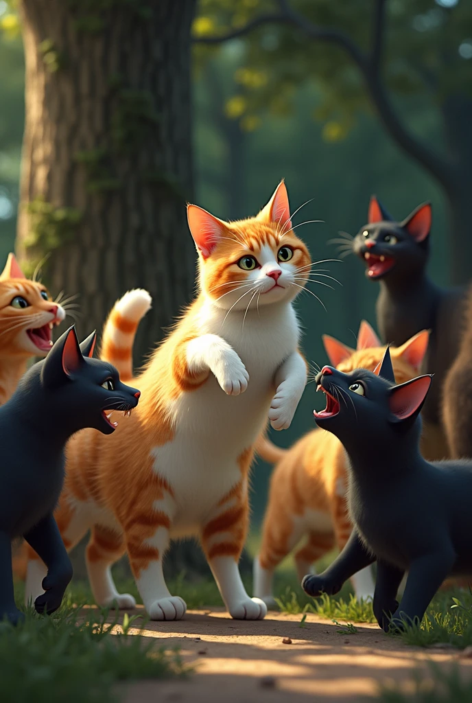 The cat is outside in a park, attempting to join other cats in a playful activity. The other cats laugh at him as he struggles to keep up, further fueling his determination to change.