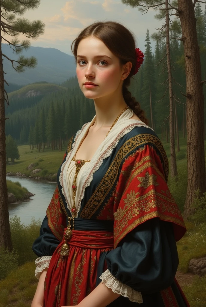 Realism
Slavic woman
girl 20 years old, Slavic clothing 1880, at a distance of 3 meters,
realistic, in the background a pine forest, a river,
Style - Ivan Shishkin, Vasily Polenov, Vasily Surikov, Isaac Levitan, Ilya Repin.