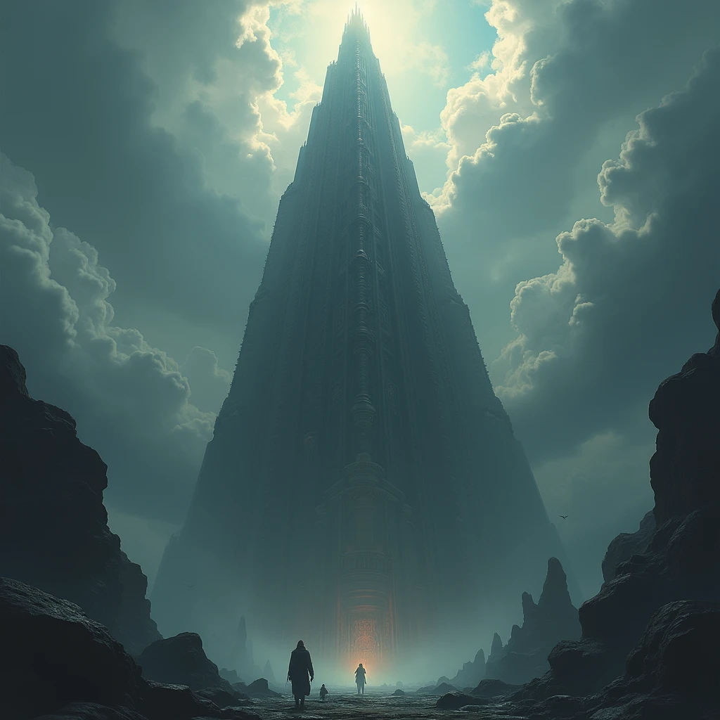 a thin and very tall tower, reminiscent of the tower of babel, as if reaching the heavens, the sky has clouds as if it were pierced by the tower, no people appear in the scene, the dark and obscure scene, gives a feeling of tension 
