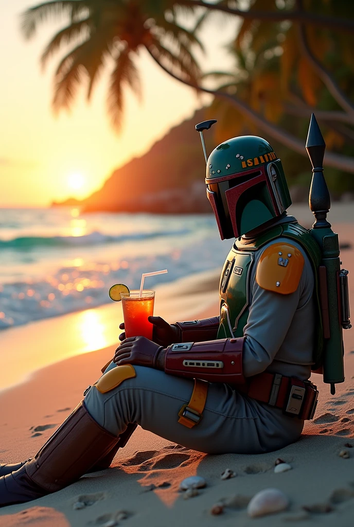 Pacific island coast、evening、Boba Fett sitting on a white sand beach drinking a cocktail、Star Wars、movie、Mandaean、