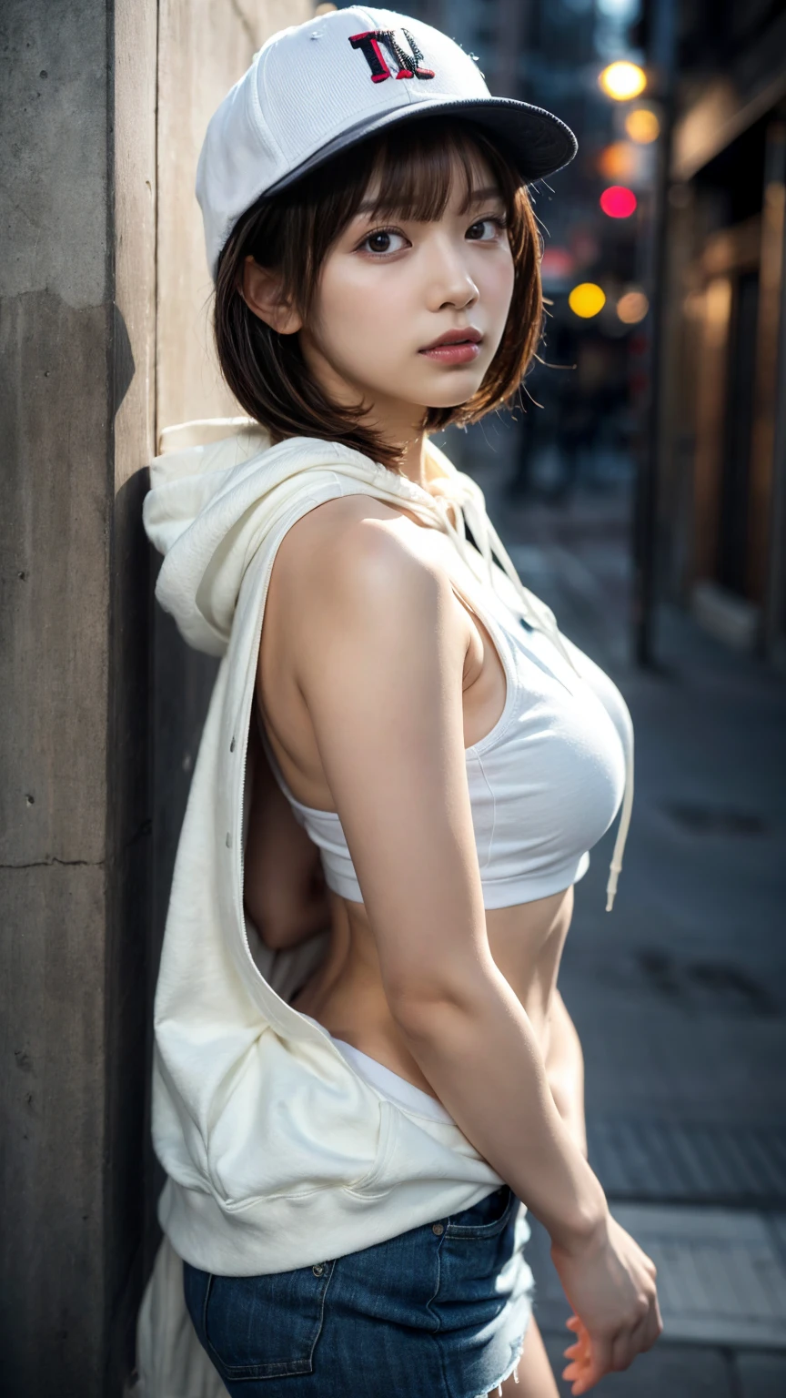 masterpiece, Highest quality, Very detailed, 8k, Realistic, One Girl, alone, Tomboy, Very detailed face, (head shot:1.5), Standing in front of a wall covered in hip hop graffiti, Cyberpunk neon cityscape,Pixie cut white hair, She is wearing a short neon tank top and an open hoodie....,I can see your chest,Nice ass,Wear a New Era cap, perfect body shape