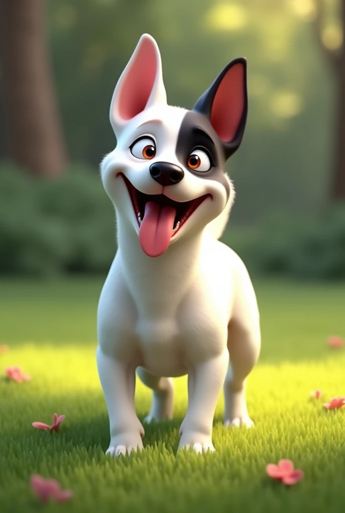 A white pinscher female dog with a black head in a grassy park smiling with her tongue out