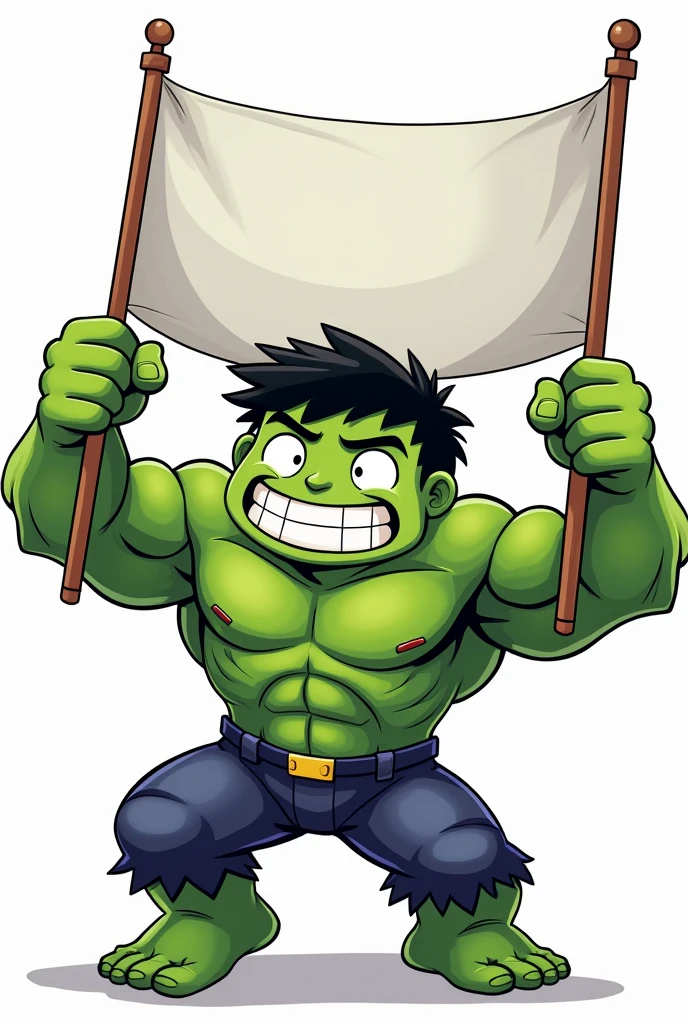 Create a 1-dimensional cartoon including a Hulk character who has a head 4x larger than normal size and smiles in a dynamic style holding a white banner with the words ASTRA DAIHATSU BANJARMASIN