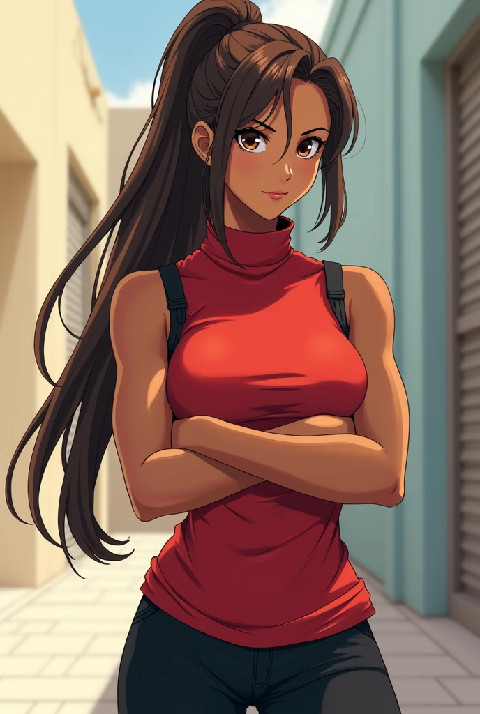 age female, dark-skinned, brown eyes and hair, She is wearing a red sleeveless blouse and black pants with boots of the same color. She has her arms crossed., She has a toned body and her hair is long and tied in a high braid..
anime style
