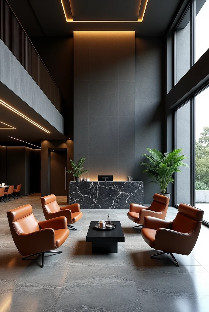 Professional 3d architecture rendering design of modern hotel’s Labi with dark slab stone and 4 dark brown leather Chairs and medium flouting dark gray marble station and elegant and modern glassy and silver accessories and modern windows and private space for baggage in the Labi and black slab stone middle table and elegant accessories and modern ceiling lighting and beautiful green space