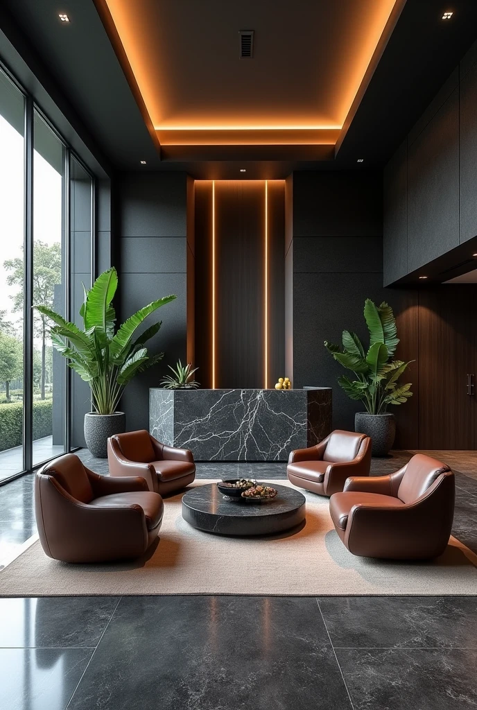 Professional 3d architecture rendering design of modern hotel’s Labi with dark slab stone and 4 dark brown leather Chairs and medium flouting dark gray marble station and elegant and modern glassy and silver accessories and modern windows and private space for baggage in the Labi and black slab stone middle table and elegant accessories and modern ceiling lighting and beautiful green space