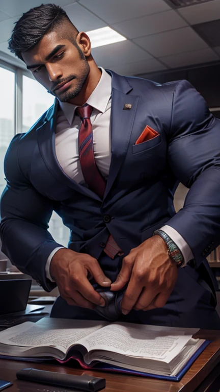 Business suit, close up focus on indian big monster bulge during he doing work, masterpiece 