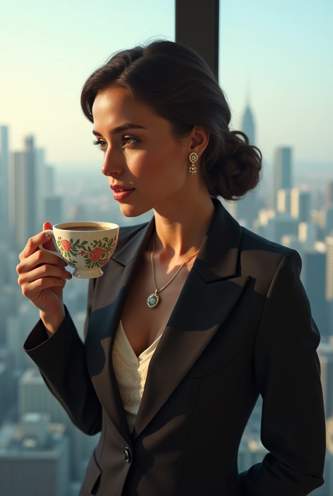 A Brazilian businesswoman drinking coffee from the side.