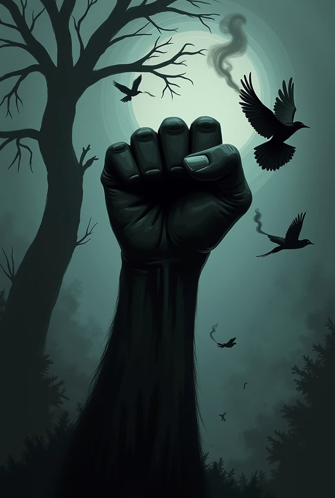 Black flexed fist in a gothic atmosphere with black birds blazing at their tails with bellows of smoke and a cicamore tree shedding