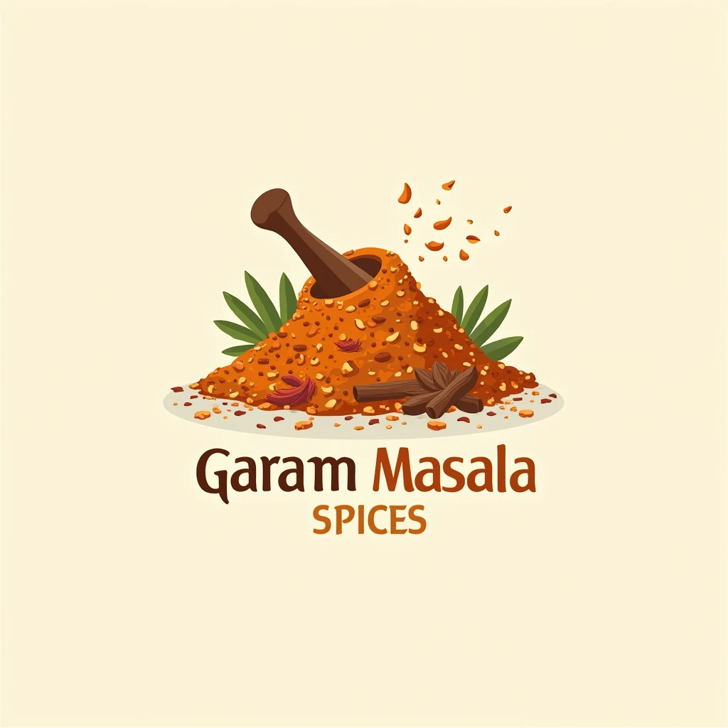 Create an attractive logo for a company "आईचो मसालो" with a heap of garam masala and a pestle 