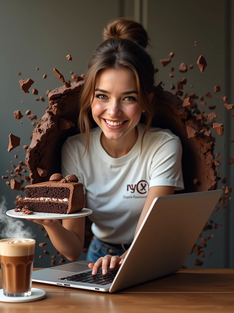 Create a photo where a lady with a MC Tshirt is breaking out of the screen of a laptop, with pieces of the screen shattering around as she is handed a chocolate cake into the real world. The background should show a Mochachino thats coming Next. The laptop should be positioned in such a way that it looks like the cake is transitioning from being digital to being part of our physical reality. hyper-realistic, k , Hyper-detailed and ultra-deluxe. Kingdom millionaire
