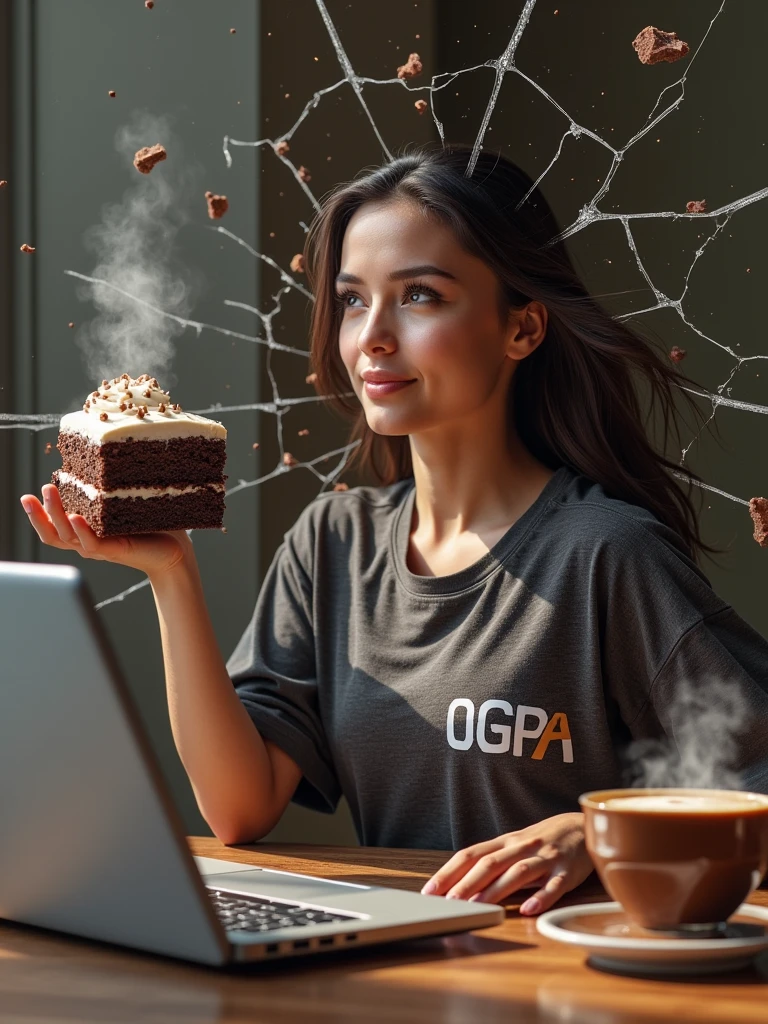 Create a photo where a lady with a MC Tshirt is breaking out of the screen of a laptop, with pieces of the screen shattering around as she is handed a chocolate cake into the real world. The background should show a Mochachino thats coming Next. The laptop should be positioned in such a way that it looks like the cake is transitioning from being digital to being part of our physical reality. hyper-realistic, k , Hyper-detailed and ultra-deluxe. Kingdom millionaire
