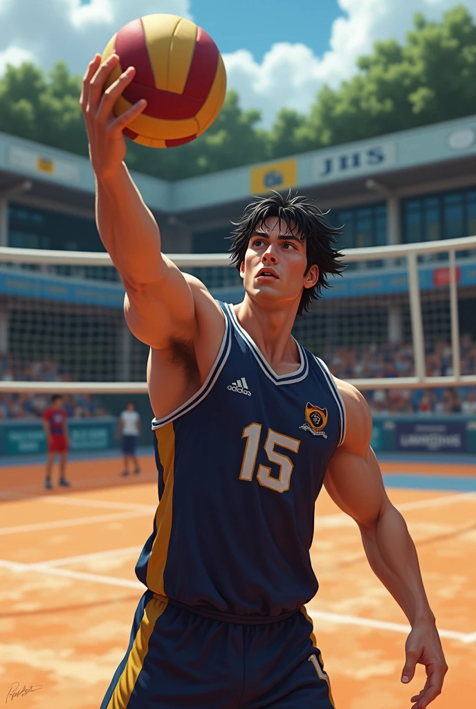 Create a dark-haired man serving volleyball on the school court with the name of the school jms
