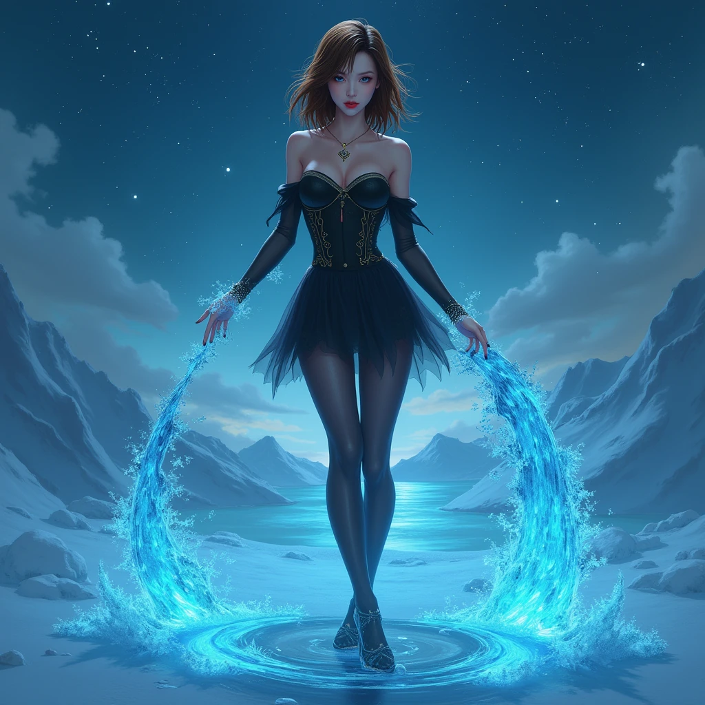 1 girl, beautiful, Seductive, sexy, Asia, Medium bust, Bronze hair, medium length hair, light blue eyes, light red lips, tattoo, Black off shoulder top, sexy, skirt, tights, high-heels, full body, Suitable background, Real picture, spell, Crystal-like blue water floats around., The most realistic,The backdrop is a snowy sea at night with twinkling stars in the sky.