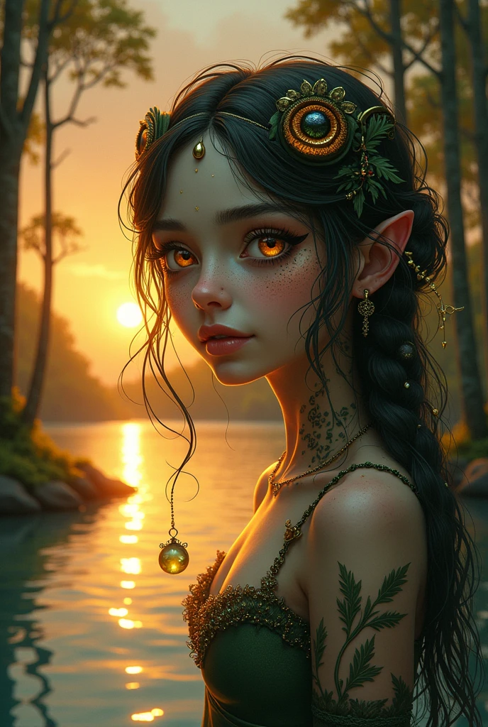 sensual gorgeous toad girl , colorful vivid,  expresive beautiful eyes, with the sun setting in the background of a beautiful lake between trees. Roxy Paine Loish , Anne Bachelier portrait style,intricate, highly detailed