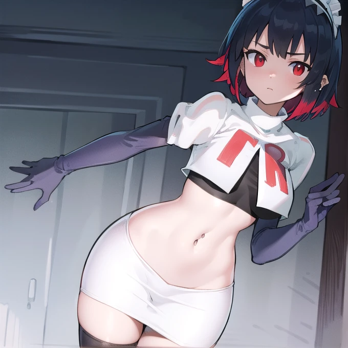 ellenjoe, ellen joe, black hair, colored inner hair, multicolored hair, (red eyes:1.3), red hair, short hair, two-tone hair,
BREAK ear piercing, fins, fish tail, maid headdress, piercing, shark girl, shark tail, tail, two-tone hair, team rocket,team rocket uniform,white skirt,red letter R,crop top,black thigh-highs,black elbow gloves,
BREAK looking at viewer, (cowboy shot:1.5),
BREAK (masterpiece:1.2), best quality, high resolution, unity 8k wallpaper, (illustration:0.8), (beautiful detailed eyes:1.6), extremely detailed face, perfect lighting, extremely detailed CG, (perfect hands, perfect anatomy), hourglass figure thick thighs wide hips