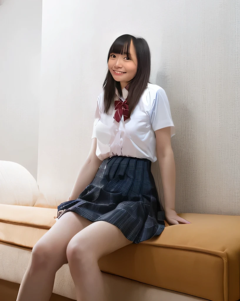 Super detailed,Highest quality,1 female,sitting on a big white sofa,Looking up at me,White short sleeve blouse,She is wearing a checkered pleated mini skirt,Black socks,Posing for a photo,The background is blurred