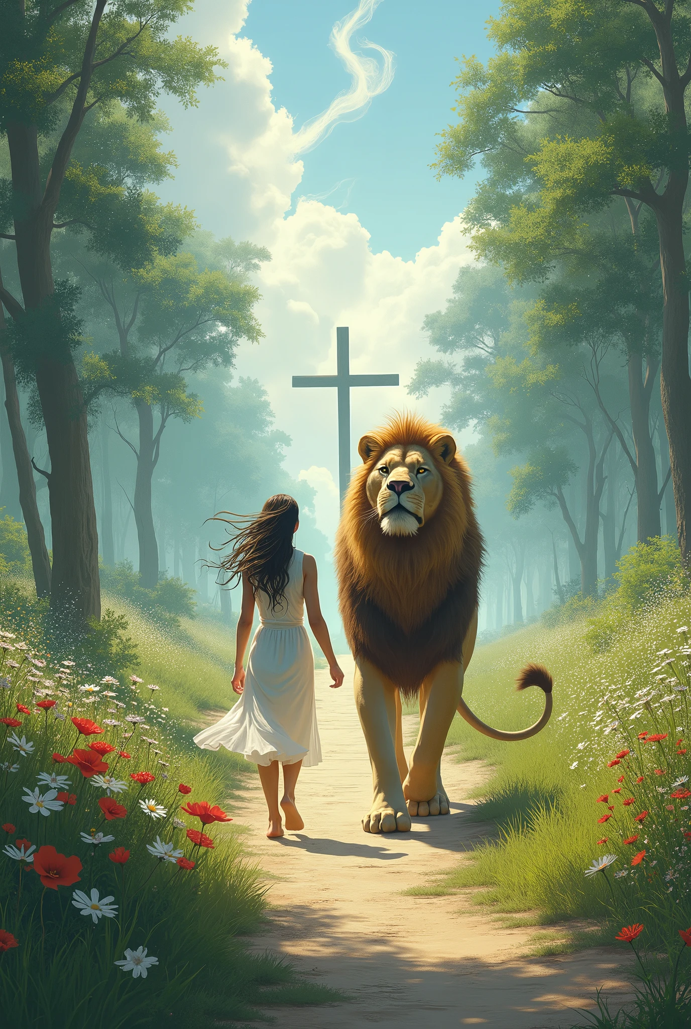 A person with windblown hair walking on a beautiful path together with a large lion, it's a long, long road, with many flowers and trees. At the end of the path there is a cross and clouds
