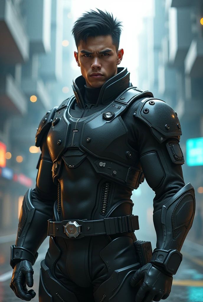 Young man with black hair in a technological military outfit