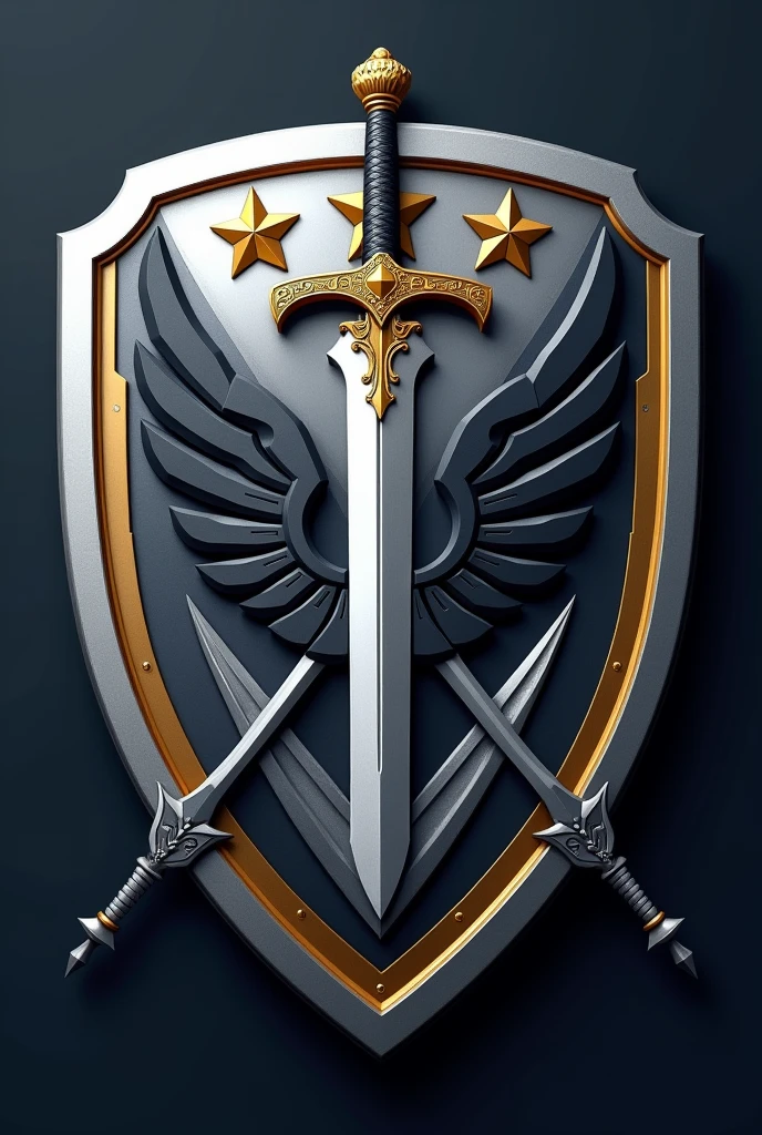 Insignia Design Description:
Shape and Base:
The insignia is shaped like a shield, symbolizing protection and defense, with a polished silver metallic base. The shield has a modern, angular design, giving it a sleek and authoritative appearance.
Central Emblem:
At the center of the shield is a double-edged sword pointing upward, symbolizing strength, honor, and readiness for combat. The sword’s blade is silver, with a gold hilt featuring intricate designs. The sword represents the company’s commitment to maintaining a high standard of military excellence.
Wings:
Flanking the sword are stylized eagle wings in dark gray. The wings are partially spread, symbolizing vigilance, speed, and the ability to project power swiftly and decisively. The eagle is a traditional symbol of freedom and authority, emphasizing the company's reach and capabilities.
Stars and Stripes:
Above the sword, within the upper section of the shield, are three golden stars arranged in an arc. These stars represent the company’s core principles—Integrity, Duty, and Excellence. Below the sword, three horizontal stripes in dark blue and gold run across the shield, symbolizing unity, discipline, and the company’s structured hierarchy.
Laurel Wreath:
Encircling the sword and wings is a laurel wreath in matte gold, representing victory, honor, and achievement. The laurel wreath is slightly open at the top, symbolizing ongoing success and the continuous pursuit of excellence.
Banner and Motto:
Beneath the shield, a banner in dark blue with a gold trim unfurls, bearing the company’s motto in bold, capitalized white letters: "FORTITUDO ET HONOR" (Latin for "Strength and Honor"). The motto encapsulates the values and mission of the company, emphasizing the importance of bravery and integrity in every operation.
Background Elements:
Behind the shield, two crossed spears extend diagonally from the lower sides, with the spearheads pointing upward. The spears are silver with dark gray shafts, symbolizing