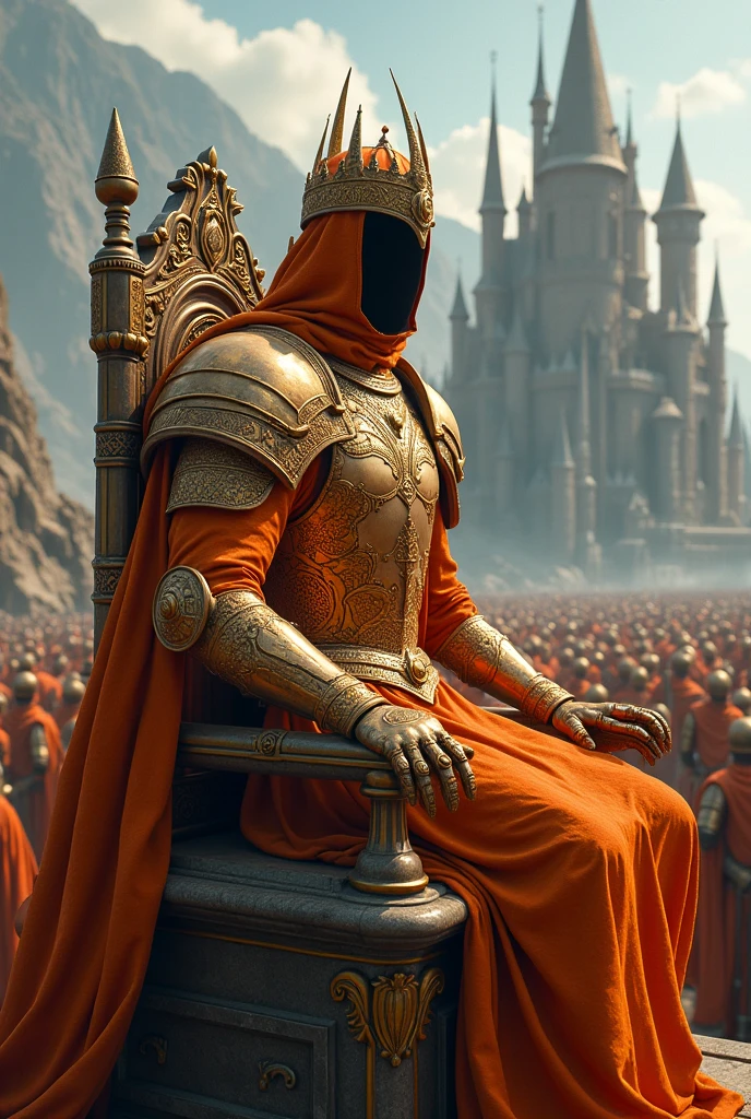 A king who has no head on his body and has orange armor and his throne is on top of a beautiful castle and he has a large army.