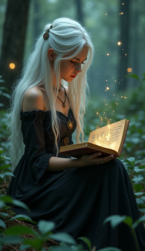 A beautiful young dark witch with star-like freckles, reading her grimoire in a forest, with long white hair and bangs, (best quality,4k,8k,highres,masterpiece:1.2),ultra-detailed,(realistic,photorealistic,photo-realistic:1.37),magical forest,dark moody lighting,dramatic shadows,intricate details,occult symbols,glowing eyes,detailed facial features,elegant dress,floating pages,enchanted atmosphere