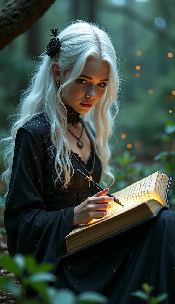 A beautiful young dark witch with star-like freckles, reading her grimoire in a forest, with long white hair and bangs, (best quality,4k,8k,highres,masterpiece:1.2),ultra-detailed,(realistic,photorealistic,photo-realistic:1.37),magical forest,dark moody lighting,dramatic shadows,intricate details,occult symbols,glowing eyes,detailed facial features,elegant dress,floating pages,enchanted atmosphere