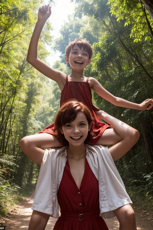 Very happy young skinny children with short red hair, dressed in light summer dresses, ride on their dad's shoulders in a forest in the middle of the afternoon