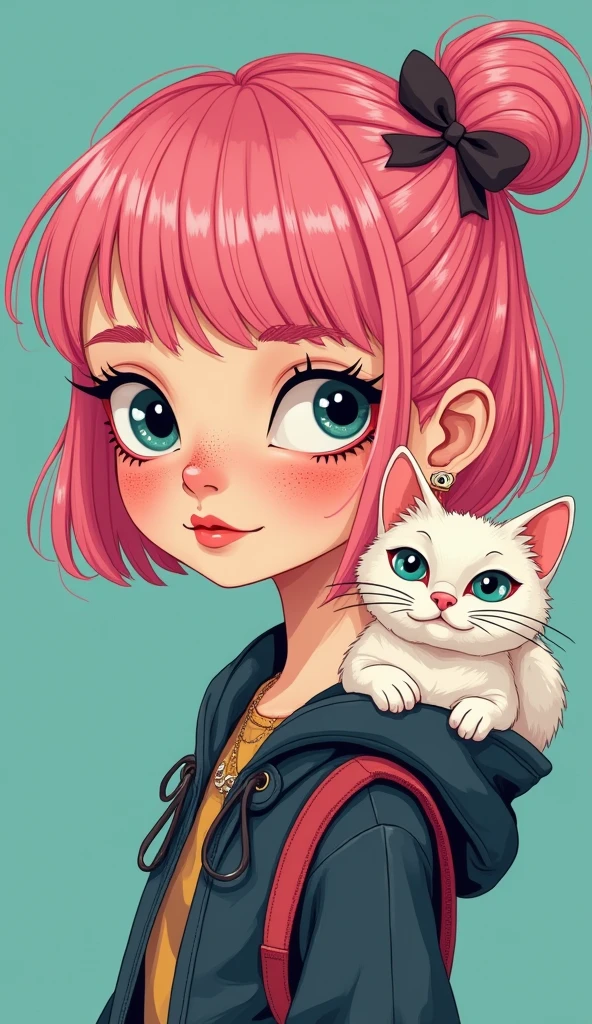 An illustration of a quirky girl with pink hair, in the style of Flat shading, Gemma Correll, with freckles and a cat on her shoulder, photo-manipulated, cyberpunk genre