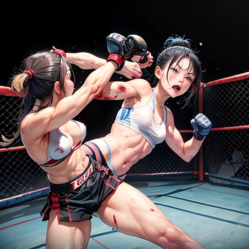 two (bloody) beautiful Japanese female fighters are fighting in the octagon fighting ring of underground arena with audience. a fighter is pushing another fighter up against the fence and attacking another fighter's belly by knee strikes. they are covered in (blood) and (bruises). (Intense violence), her face is distorted by opponent's attack.they are damaged terribry. Short-cut black hair, out of breath, drooling from mouth, one eye is closed, exhausted, drenched in sweat. Erect nipples. open finger glove. sports-bra, high-leg panty, Stockings. armwarmers. Whittled waistline, muscular, sixpack abs, small breasts