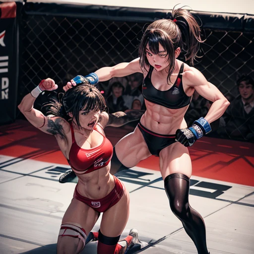 two (bloody) beautiful Japanese female fighters are fighting in the octagon fighting ring of underground arena with audience. a fighter is pushing another fighter up against the fence and attacking another fighter's belly by knee strikes. they are covered in (blood) and (bruises). (Intense violence), her face is distorted by opponent's attack.they are damaged terribry. Short-cut black hair, out of breath, drooling from mouth, one eye is closed, exhausted, drenched in sweat. Erect nipples. open finger glove. sports-bra, high-leg panty, Stockings. armwarmers. Whittled waistline, muscular, sixpack abs, small breasts