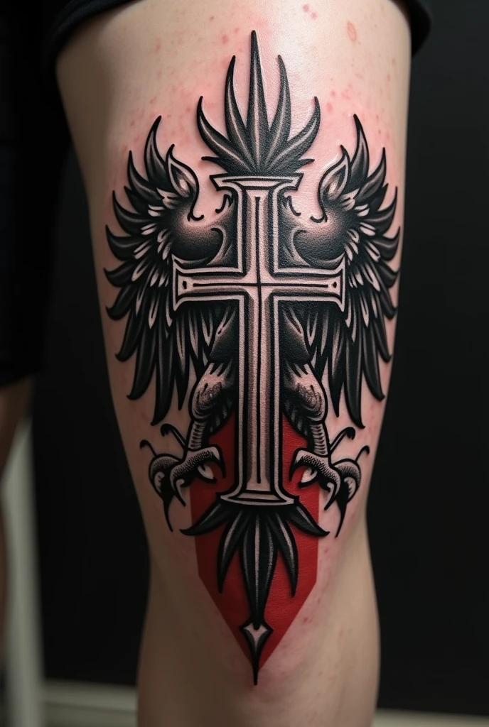 Tattoo on knee with cross and eagle Black and white with Poland flag

