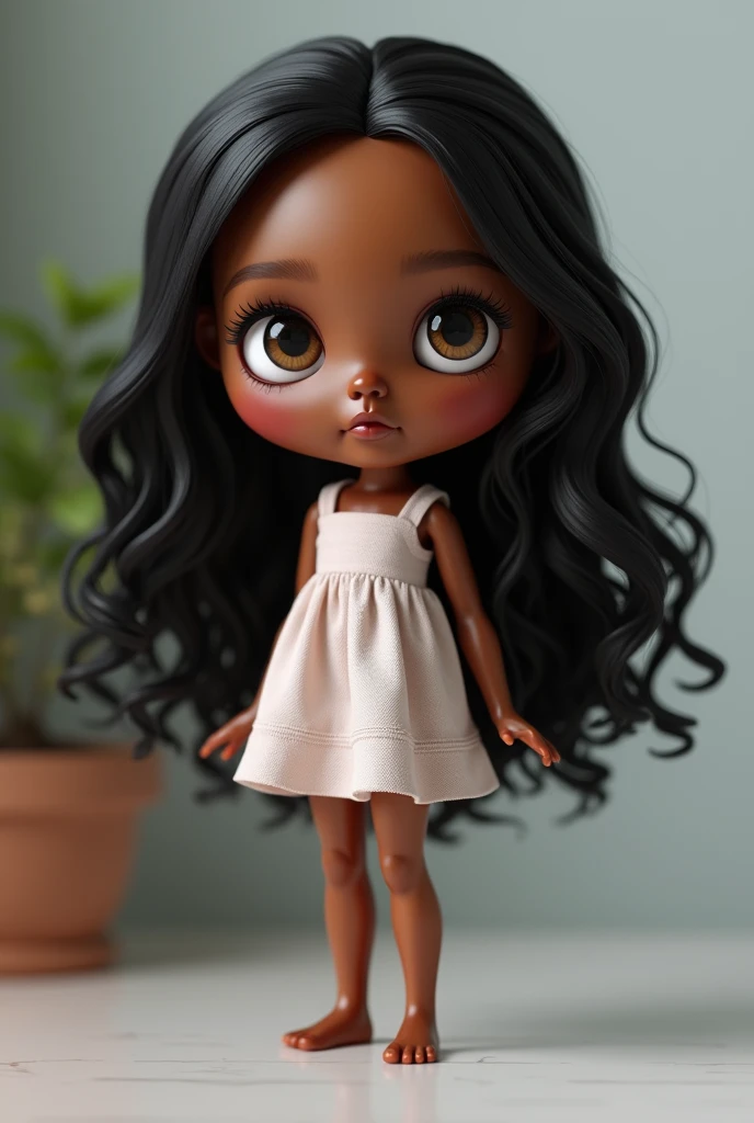 A Blythe doll of me, I’m brown skin small eyes long lashes (not that long) long black hair full upper lip bigger than the lip, hair is styled in middle part, a little chubby cheeks 