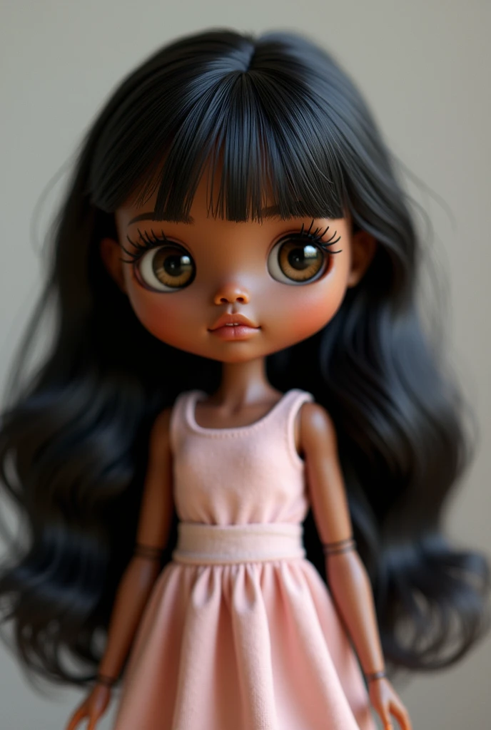 A Blythe doll of me, I’m brown skin small eyes long lashes (not that long) long black hair full upper lip bigger than the lip, hair is styled in middle part, a little chubby cheeks 
