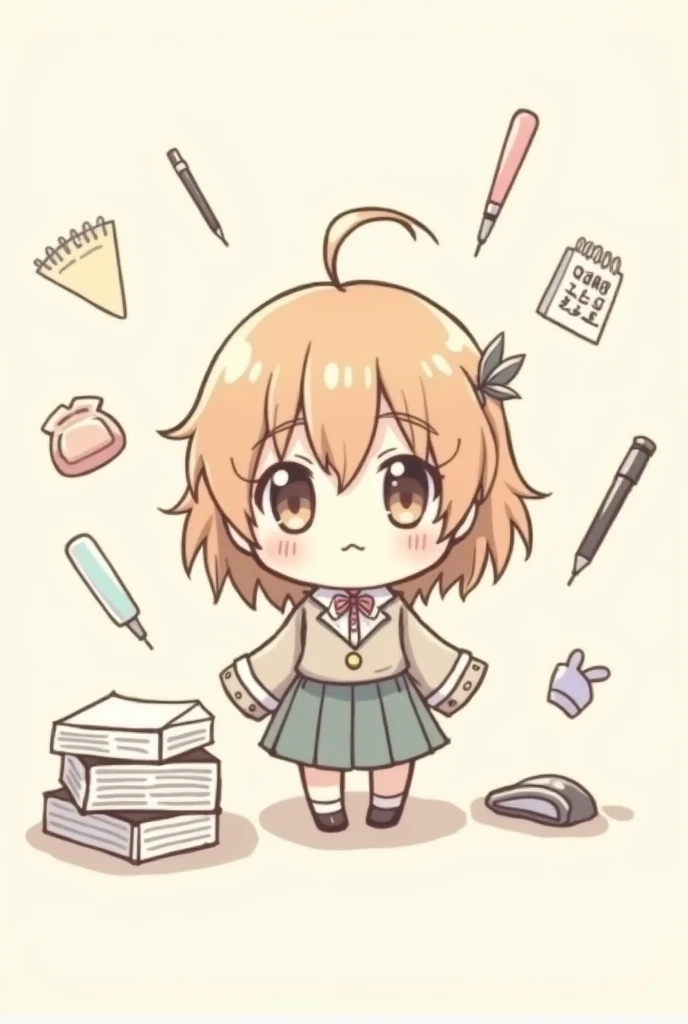 representing the anime executive secretarial career, chibbi, Tender as a manga with small representative objects of executive secretariat in the air