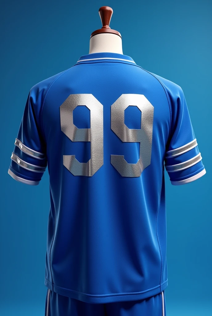 Create the back of a half sleeve interclass blouse using the blue background color ,with silver colors,white and blue with the name MC and the number 99