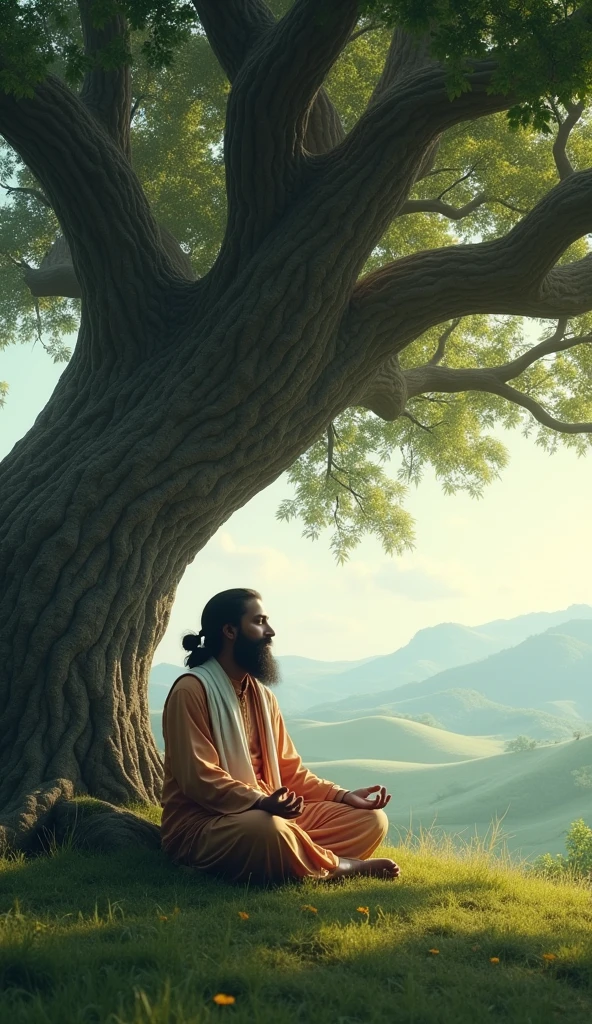 An image of Sant Ravidas sitting under a large tree, meditating in deep thought, with a peaceful aura around him, in a rural landscape.