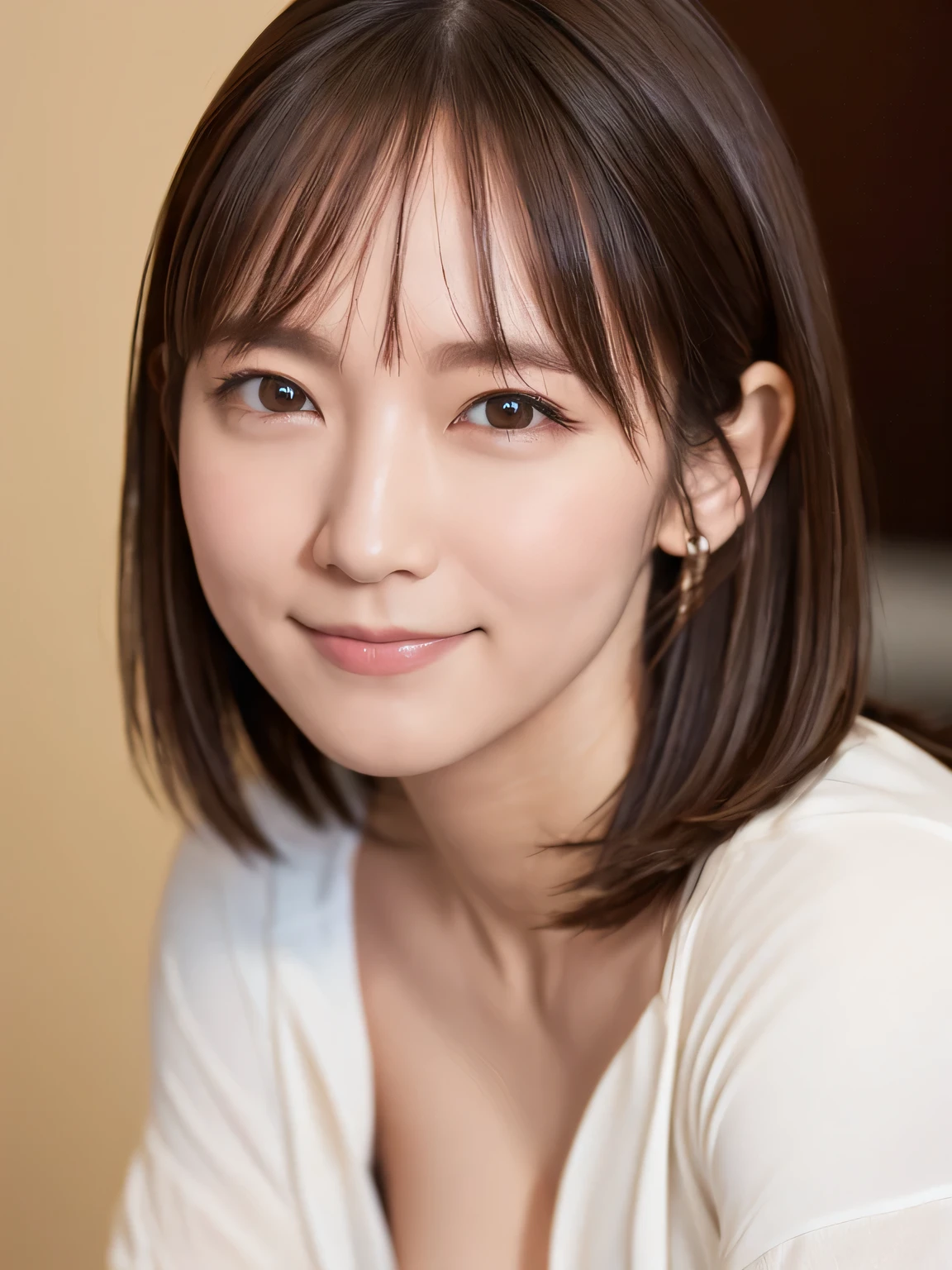 High resolution, Highest quality, Very detailed, Brown Hair, Natural smile, office, Cinema Lighting, shirts, Slightly large brests, (e-cup,)((nsfw, ))born, Professional photography, Cinema Lighting, Round Breasts, Background blur, タンクトップ, Yoshioka Riho, (Gaze), wide shot, pov, cowboy shot, close-up, masterpiece, high quality, Textured skin, masterpiece, super detail, highres