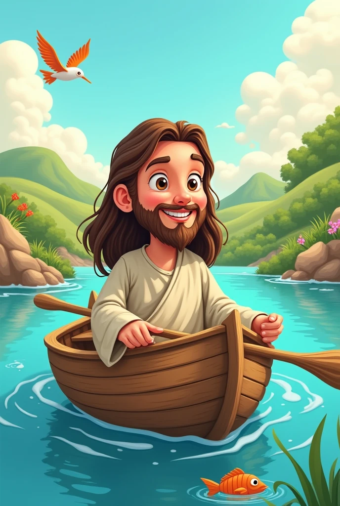 Cartoon image of Jesus sailing in a boat
