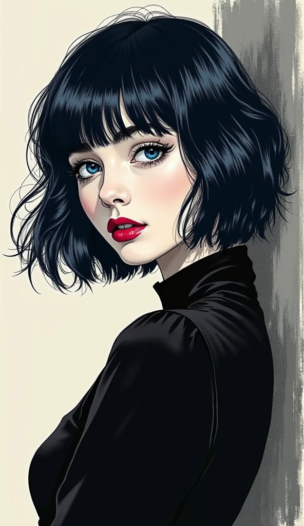 illustrator, girl, detailed lips, black dress,custom, background dark monochrome,She has short, wavy dark blue hair styled with soft bangs framing her forehead,masterpiece, style retro classic, noir dark, art, sketch book, dark monochrome background