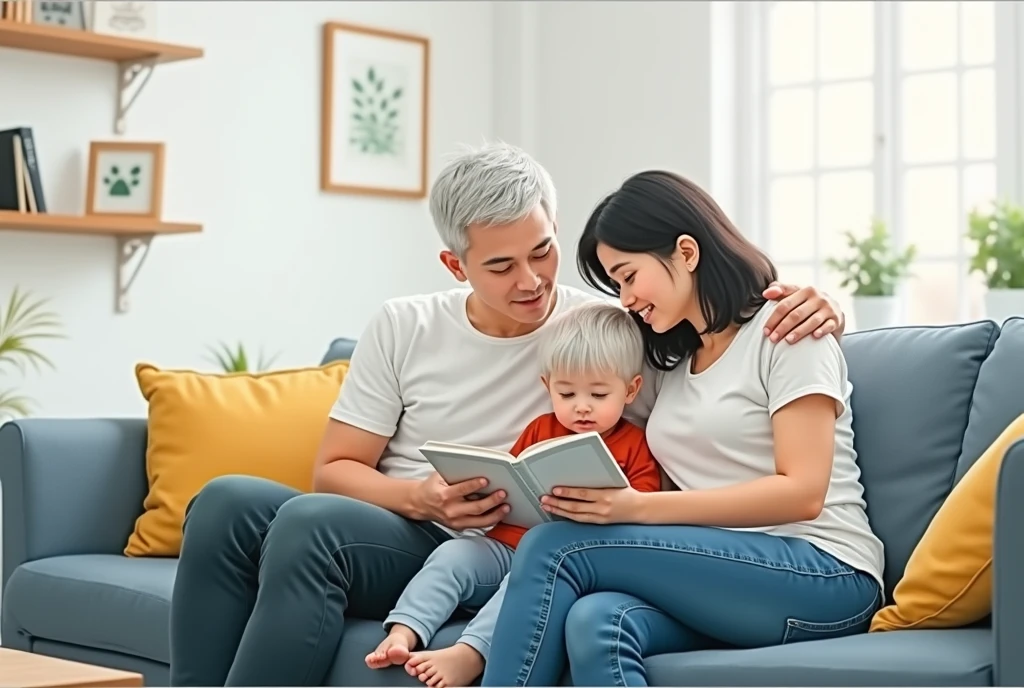 a 2 wife, short black hair, white skin, wearing a white t-shirt, height: 155 cm, weight: 45 kg, a 30 year old husband, short hair, white skin, wearing a white t-shirt, height: 160 cm, weight: 55 kg, a  boy with short hair, white skin, wearing a red t-shirt, husband and wife sitting next to their child, accompanying his child to read, on the sofa, in a simple house, husband and wife look at their child with love, realistic photo, high resolution, short hair, masterpiece, best quality, detail, high details, HD, textured skin. Book cover color: white